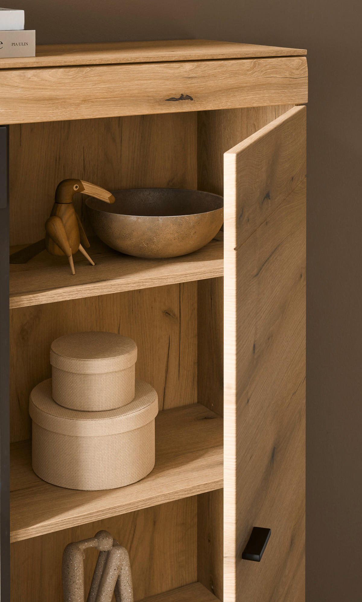 VITRINE in Eiche, grau 90 x 151 cm, Highboard mit Soft-Close - Kaschmir/Eichefarben, Glas/Holzwerkstoff (90/141/35cm) - Furn.Design