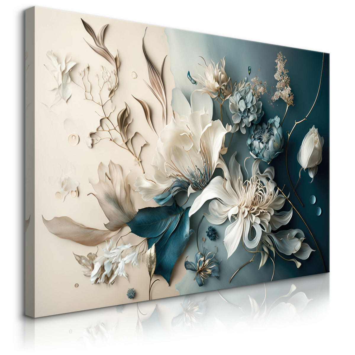 LEINWANDBILD Abstrakte Blumen Pflanzen 3D Effekt 120x80cm - Blau/Beige, Textil (120/80cm) - Muralo