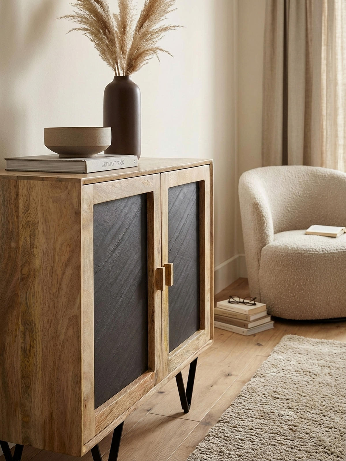 SIDEBOARD – Mangoholz, 80x75x35 cm, mit Stauraum, anthrazitfarbene Türen - Schwarz/Braun, Holz/Metall (80/75/35cm) - KADIMA DESIGN