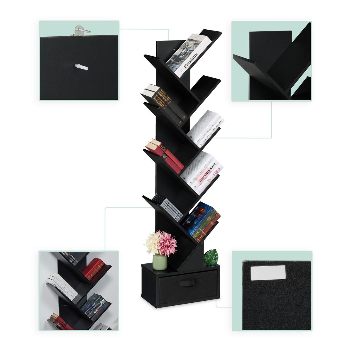 BÜCHERREGAL - Schwarz, Holzwerkstoff/Wellpappe (38/146/22cm) - Relaxdays