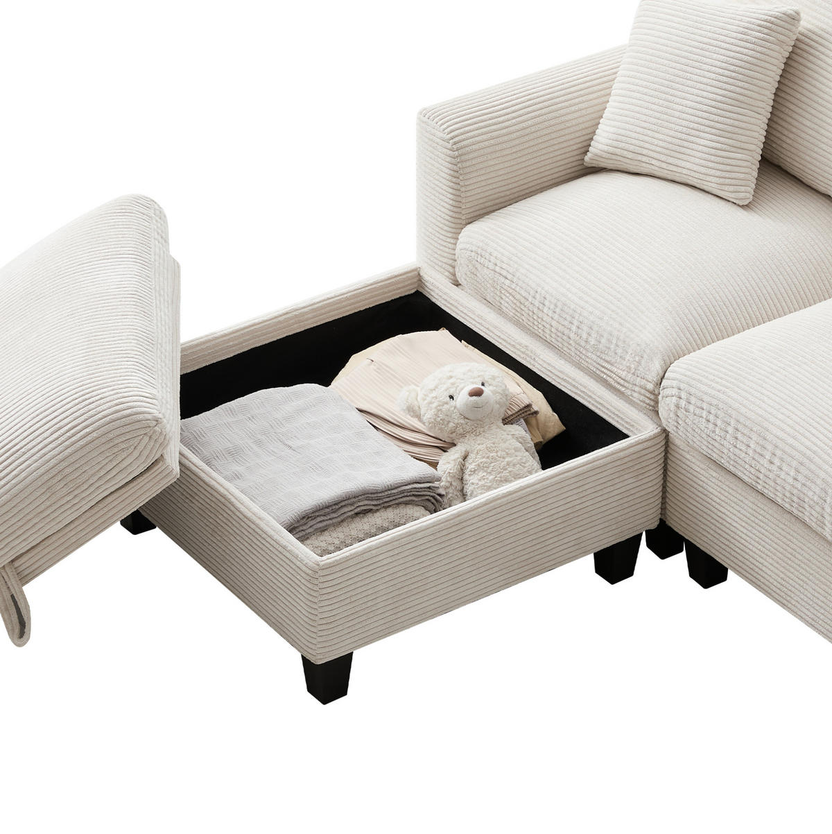 WOHNLANDSCHAFT aus Cordstoff 229x149,5x83 cm Beige mit USB-Anschlüssen, Becherhaltern, Konsole und Stauraumhocker - Beige, Textil (149.5/229cm) - Modfu