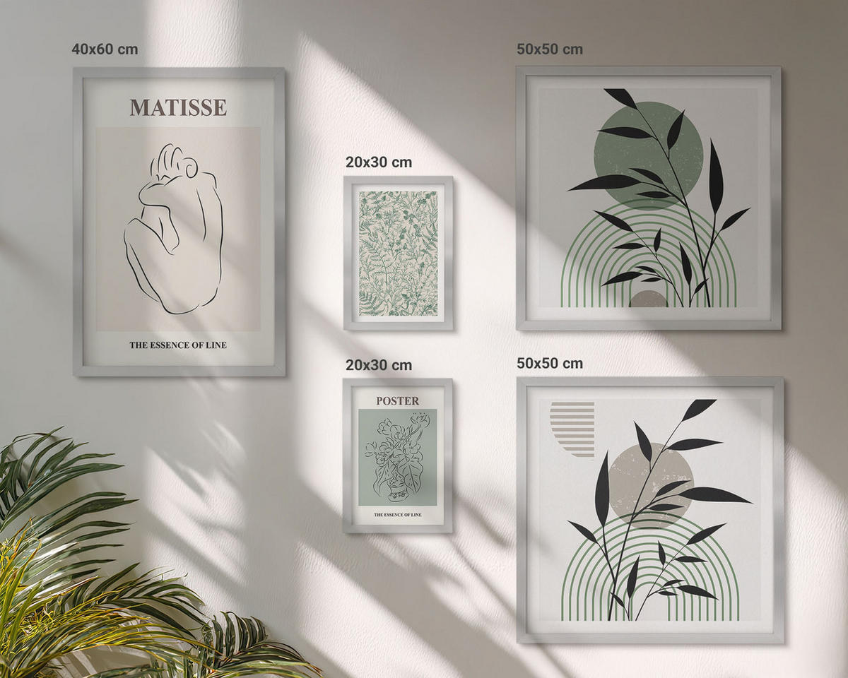 BILDER SET 5er Set - 50x50 cm & 20x30 cm & 40x60 cm Silberner Rahmen - Linien, Pflanzenmuster, Minimalismus - Silberfarben, Kunststoff (40/60cm) - TULUP