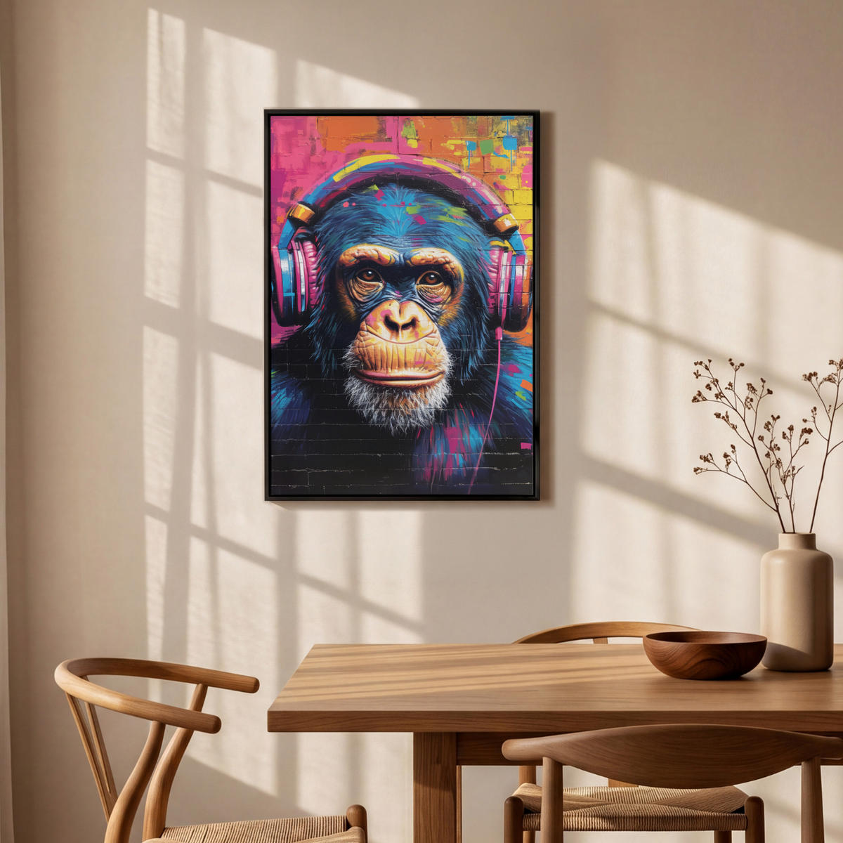 LEINWAND Bilder mit Rahmen - Graffiti - Schimpanse - Straßenkunst - Kopfhörer - Affe - 60x90 - Blau, Textil (60/90cm) - MuchoWow