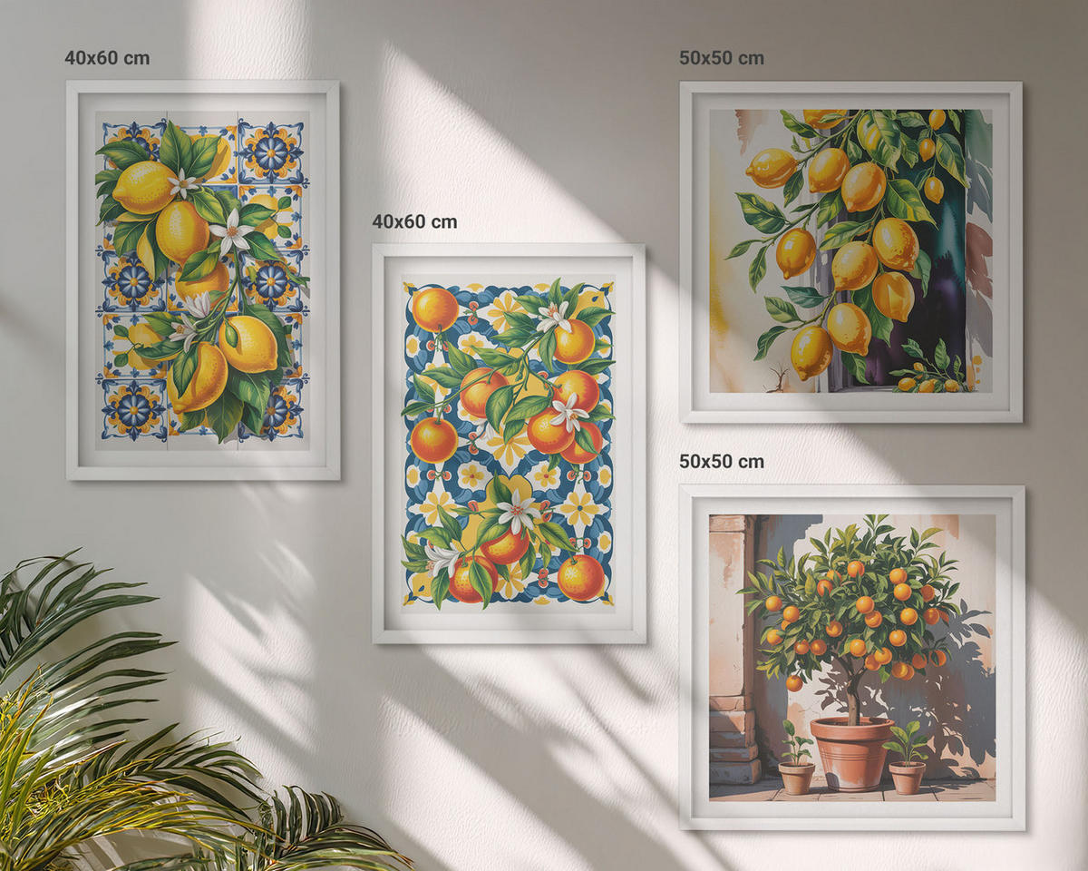 WANDBILDER 4er-Set - 50x50 cm & 40x60 cm Weißer Rahmen - Farbenfrohe abstrakte Zitrusfrüchte - Weiß, Kunststoff (50/50cm) - ArtPrintCave