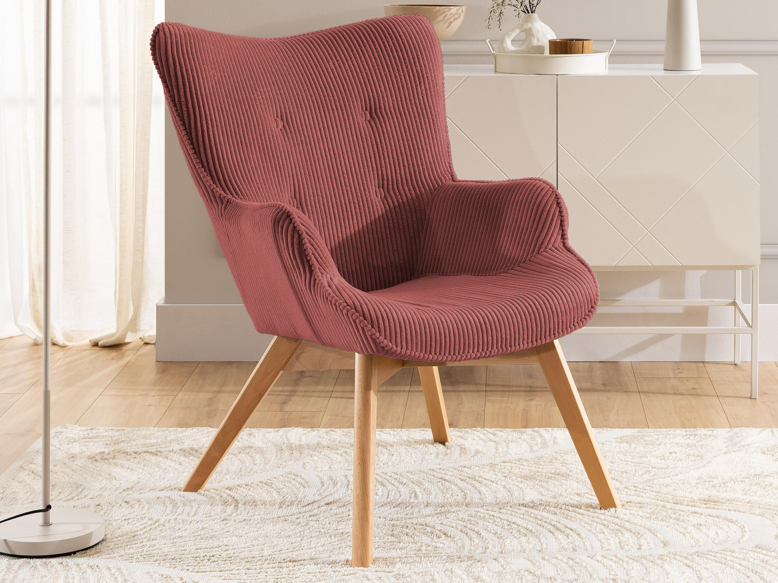 LOUNGESESSEL Lenari Terrakotta Cordstoff mit Füßen in Natur - Terra cotta/Naturfarben, Holz/Textil (71/96/86cm) - S-Style Möbel