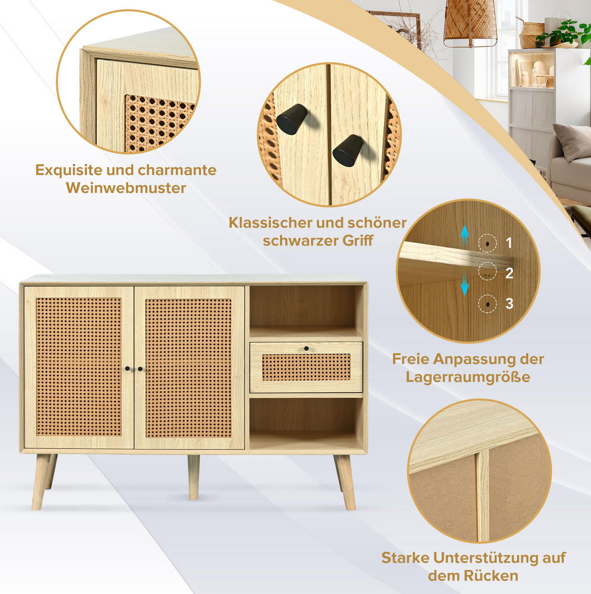 SIDEBOARD 120/40/80 cm mit 2 Türen, Schublade & Rattan-Optik in Eiche - Eichefarben, Holzwerkstoff (120/80/40cm) - BEAOK