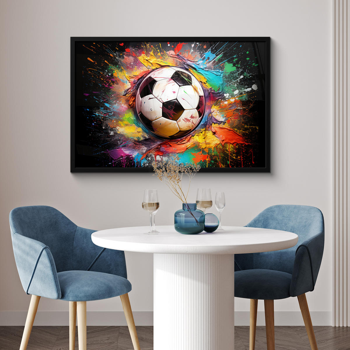 POSTER MIT RAHMEN Fußball - Farbe - Farben - Schwarz - Weiß 90x60 cm - Weiß, Papier (90/60cm) - MuchoWow