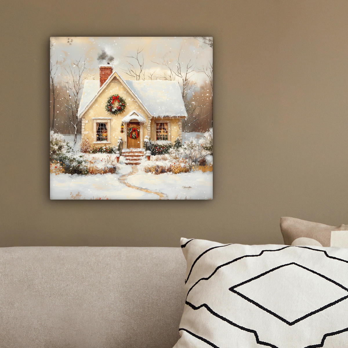 LEINWANDBILD Weihnachten - Zuhause - Winter - Schnee 20x20 cm - Creme, Textil (20/20cm) - MuchoWow