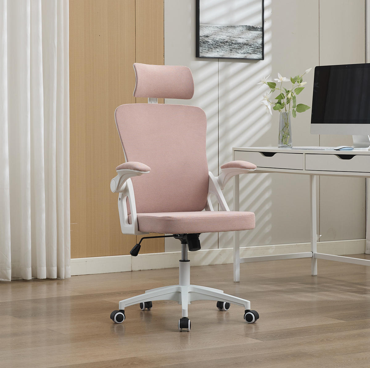DREHSTUHL 65/58/128 cm pink aus Polsterung mit Netzrücken und höhenverstellbarem Sitz - Pink, Textil (58/108/65cm) - OKWISH