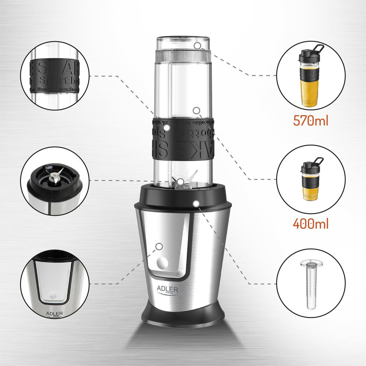 PERSONAL MIXER, 800W Smoothie Maker, Ice Crush Funktion, Cooling Stick, BPA-Frei, 2 Shaker Flaschen, Protein Shake, Fitness Blender, Portable, Küchen - Silberfarben/Schwarz, Glas/Kunststoff (14/33/14cm) - Adler