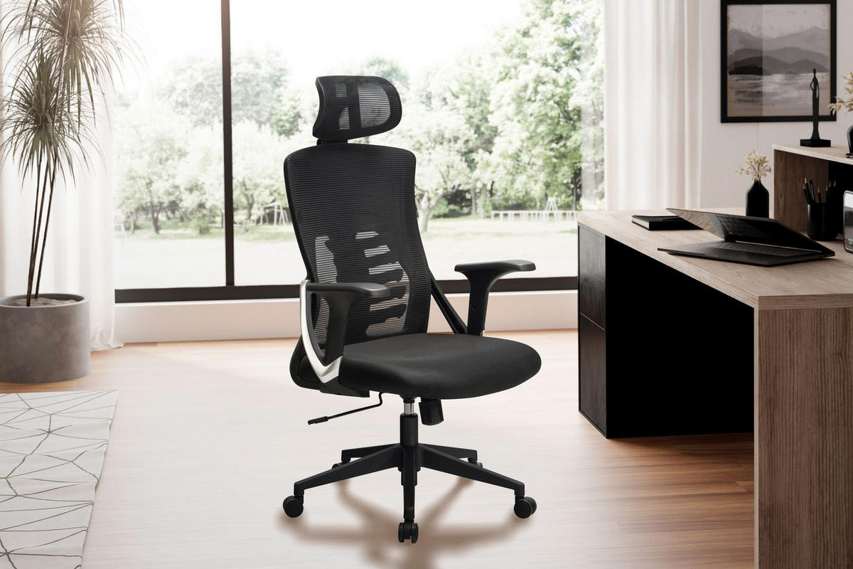 BÜRODREHSTUHL Schwarz Mesh mit Wippmechanik, Kopfstütze und 4-fach Lordosenstütze ASTRA - Schwarz, Kunststoff/Textil (65/123/65cm) - KADIMA DESIGN