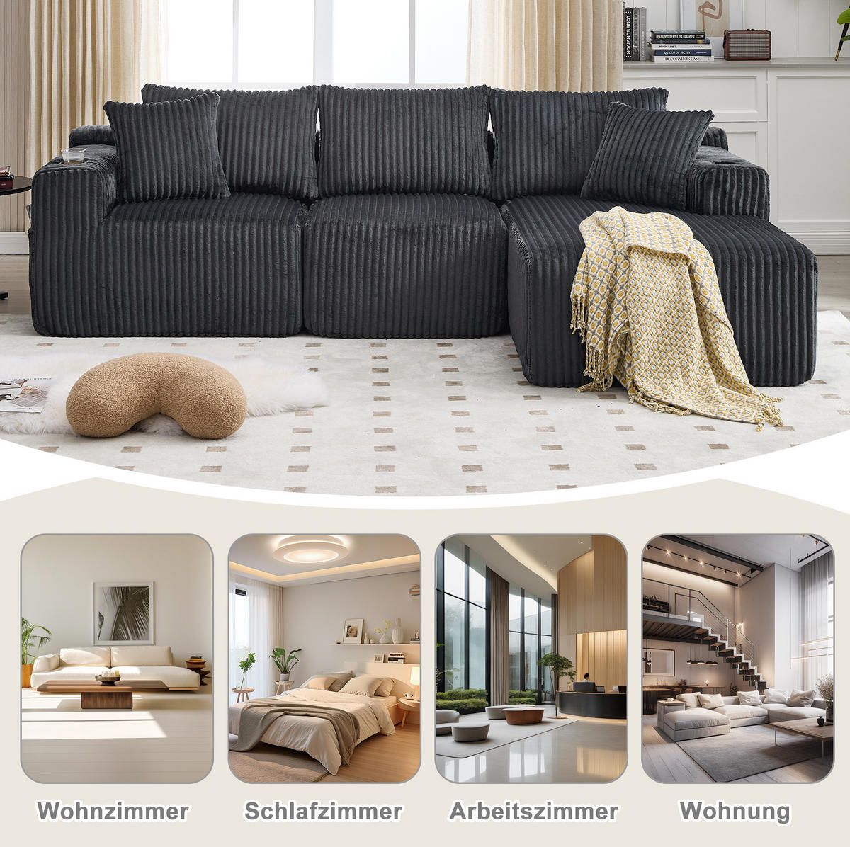 MODULARES Sofa Cord Chaiselongue und 2-Sitzer mit Kissen Taschen und Getränkehaltern 257/90 160/62 cm Grau - Grau, Textil (160/257cm) - Redom