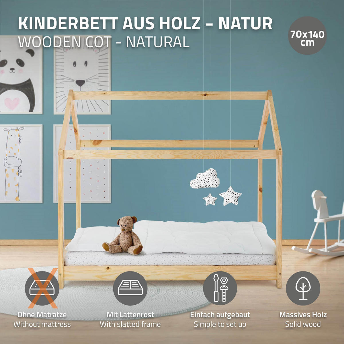 KINDERBETT mit Dach 70x140 cm Natur - Naturfarben, Holz (70/140cm) - ML-DESIGN