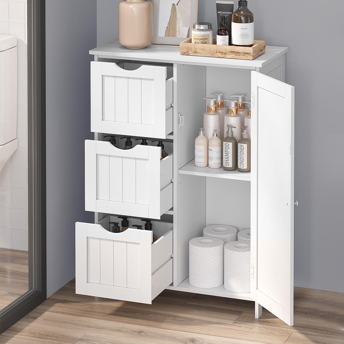 BADEZIMMERSCHRANK mit Doppelspiegeltür, Wandschrank, Aufbewahrungsschrank, wandmontierter Aufbewahrungsschrank, höhenverstellbare Regale, 56 x 13 x 58 - Weiß, Holzwerkstoff (30/81/88cm) - Calicosy