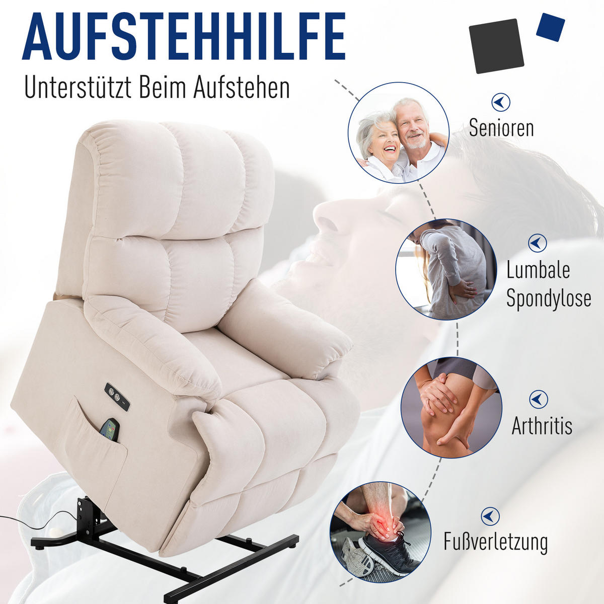 SESSEL mit aufstehhilfe Relaxsessel Fernbedienung USB Kurzplüsch Creme - Weiß, Kunststoff (95/105/83cm) - HOMCOM