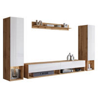 WOHNWAND Amadeo II mit weißer LED Beleuchtung - Weiß Hochglanz/Eiche Wotan, Holzwerkstoff (30/130/33cm) - MIRJAN24