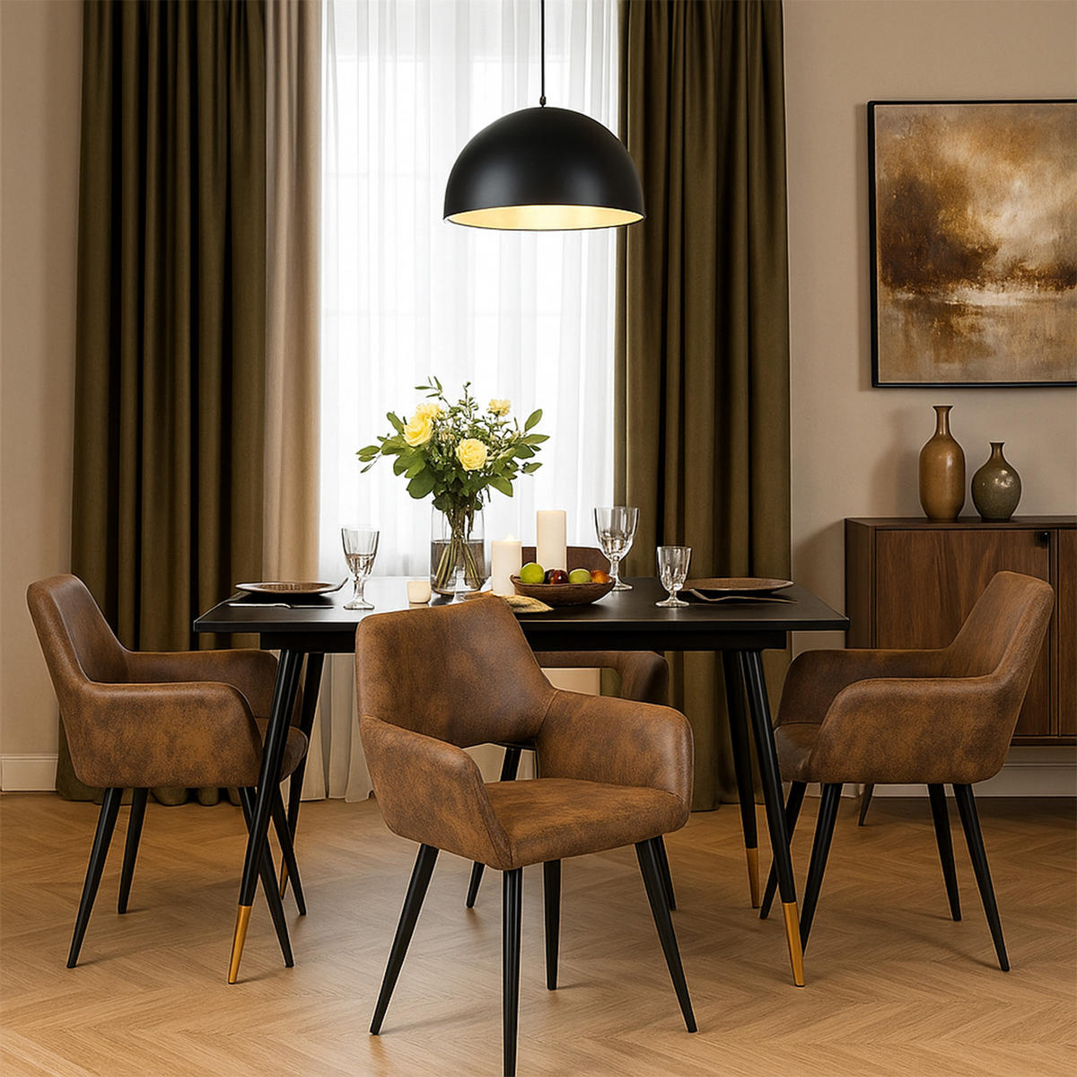 ESSGRUPPE mit ausziehbarem Tisch und 4 Stühlen in Wildlederoptik, Braun - Multicolor/Schwarz, Metall (47/81/45.5cm) - Meubles Cosy