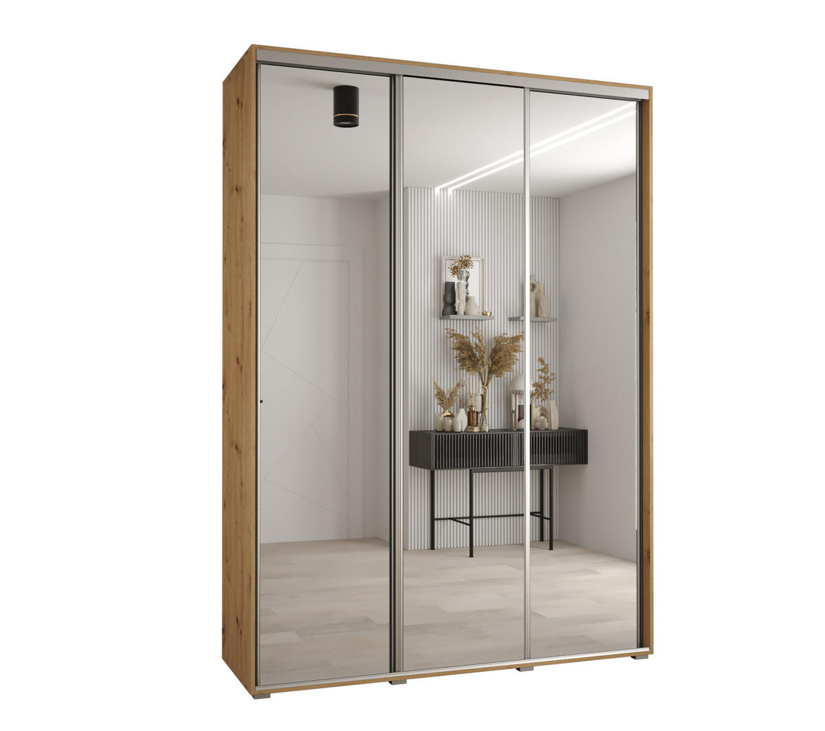 SCHWEBETÜRENSCHRANK 235,2/180/60 3-türig - Silberfarben/Eiche Artisan, Holz/Metall (180/235/60cm) - Abiks Möbel