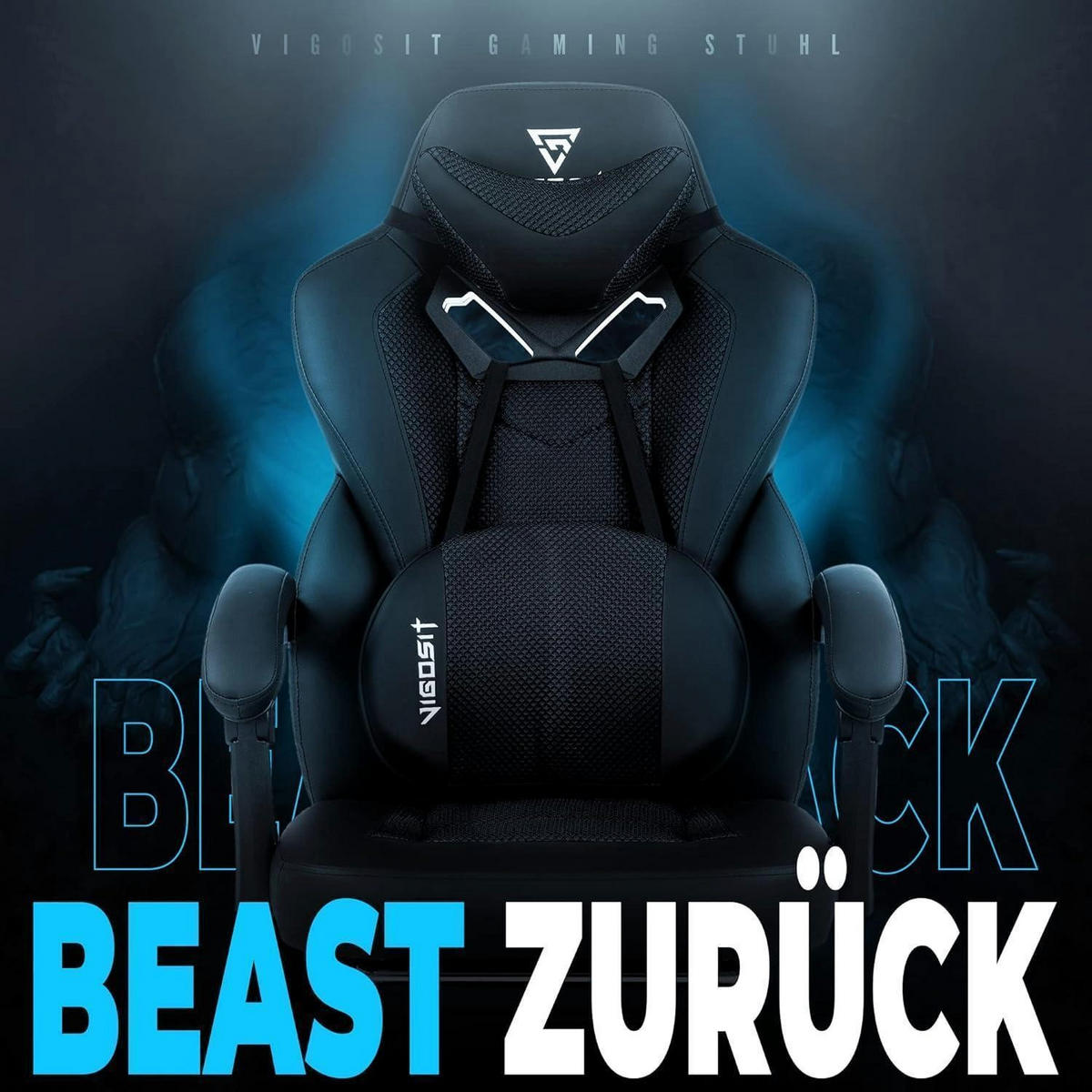 GAMING Stuhl PRO mit Fußstütze und Nackenkissen Schwarz - Schwarz, Kunststoff (54/109/45cm)
