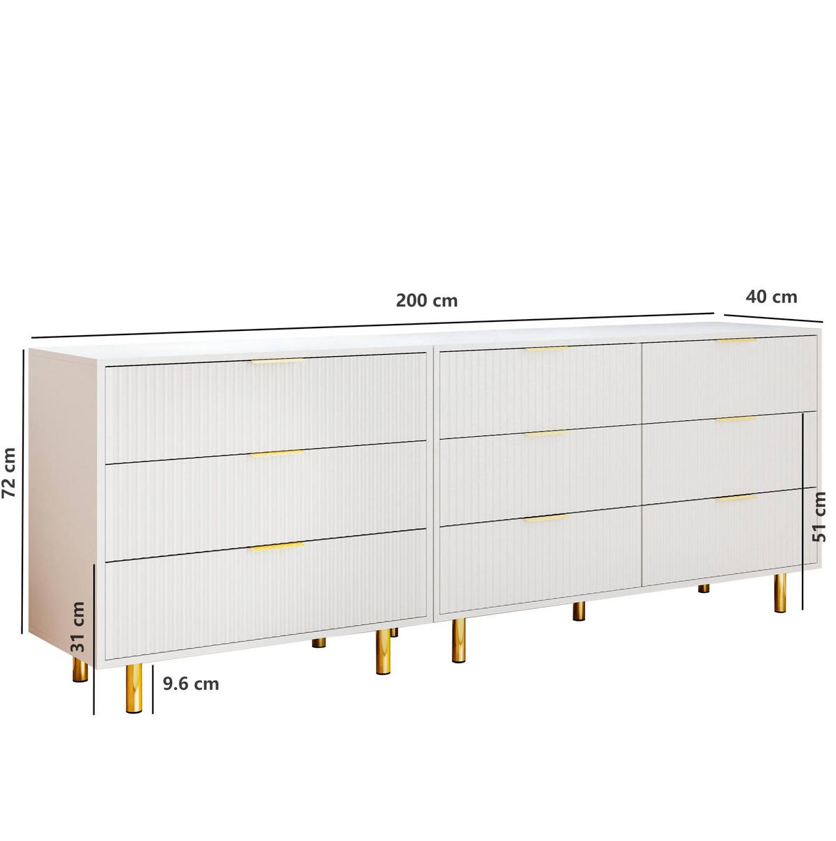 SIDEBOARD 200/40/72 cm mit 9 Schubladen, modularer Aufbau und geprägten Fronten, Weiß - Weiß, Holzwerkstoff (200/72/40cm) - Redom