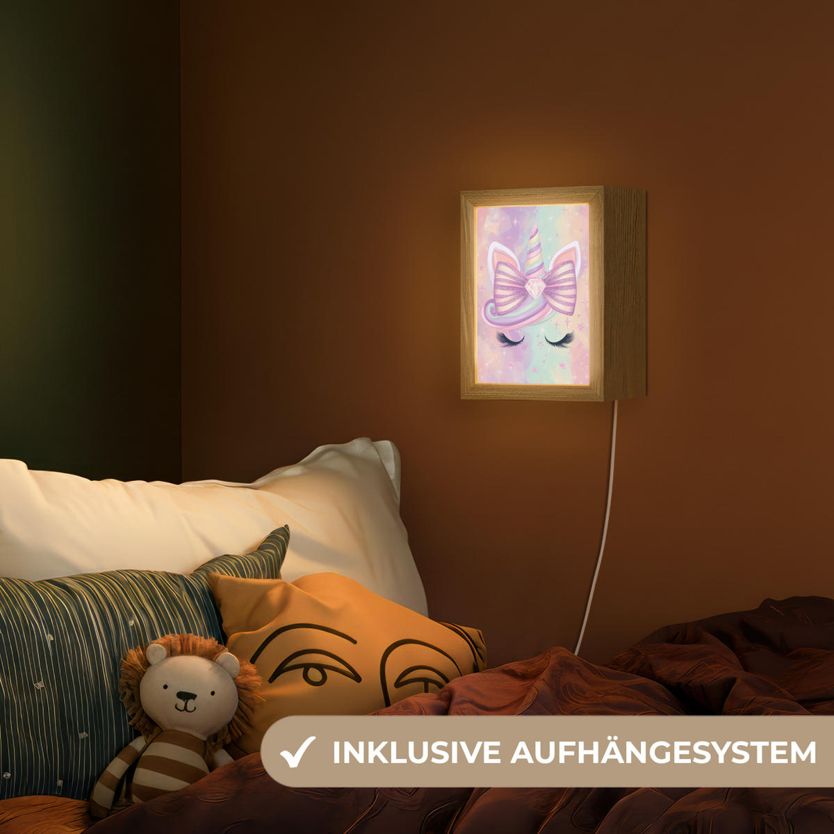 NACHTTISCHLAMPE Einhorn - Glitzer - Regenbogen - Pastell 15x20 cm - Hellrosa, Holzwerkstoff (8/15/20cm)