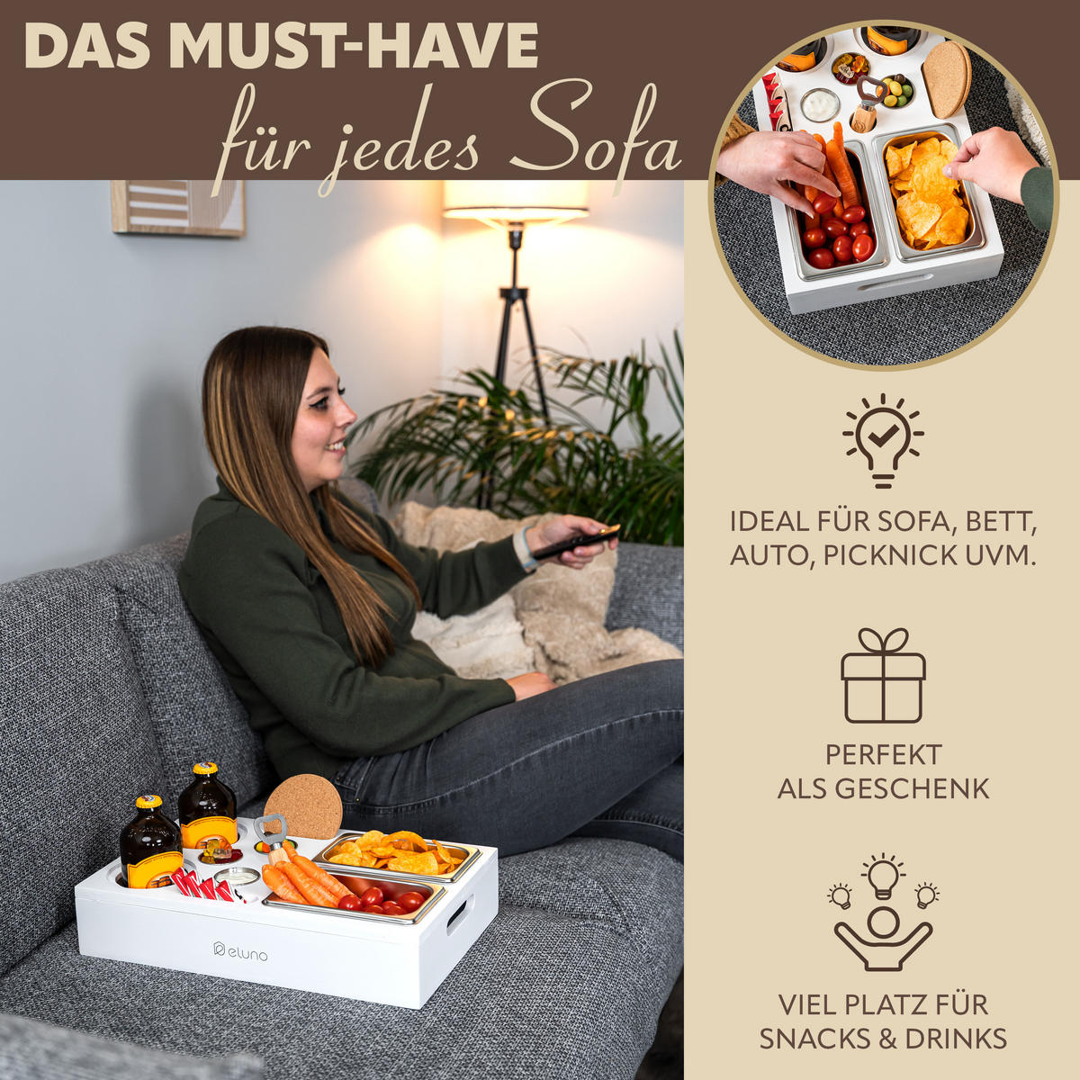 COUCHBAR mit abnehmbarem Deckel, Bambus, weiß - Weiß, Holz (27.5/8/40cm) - eluno