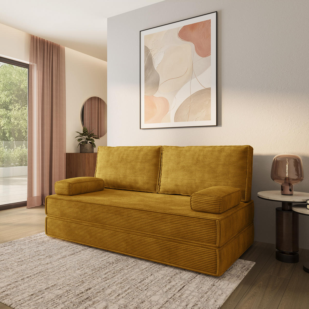 POHOVKA z pěny SILAR s funkcí spaní Manšestrová látka Žlutá - žlutá, textil (170/86/80cm) - MASSENO