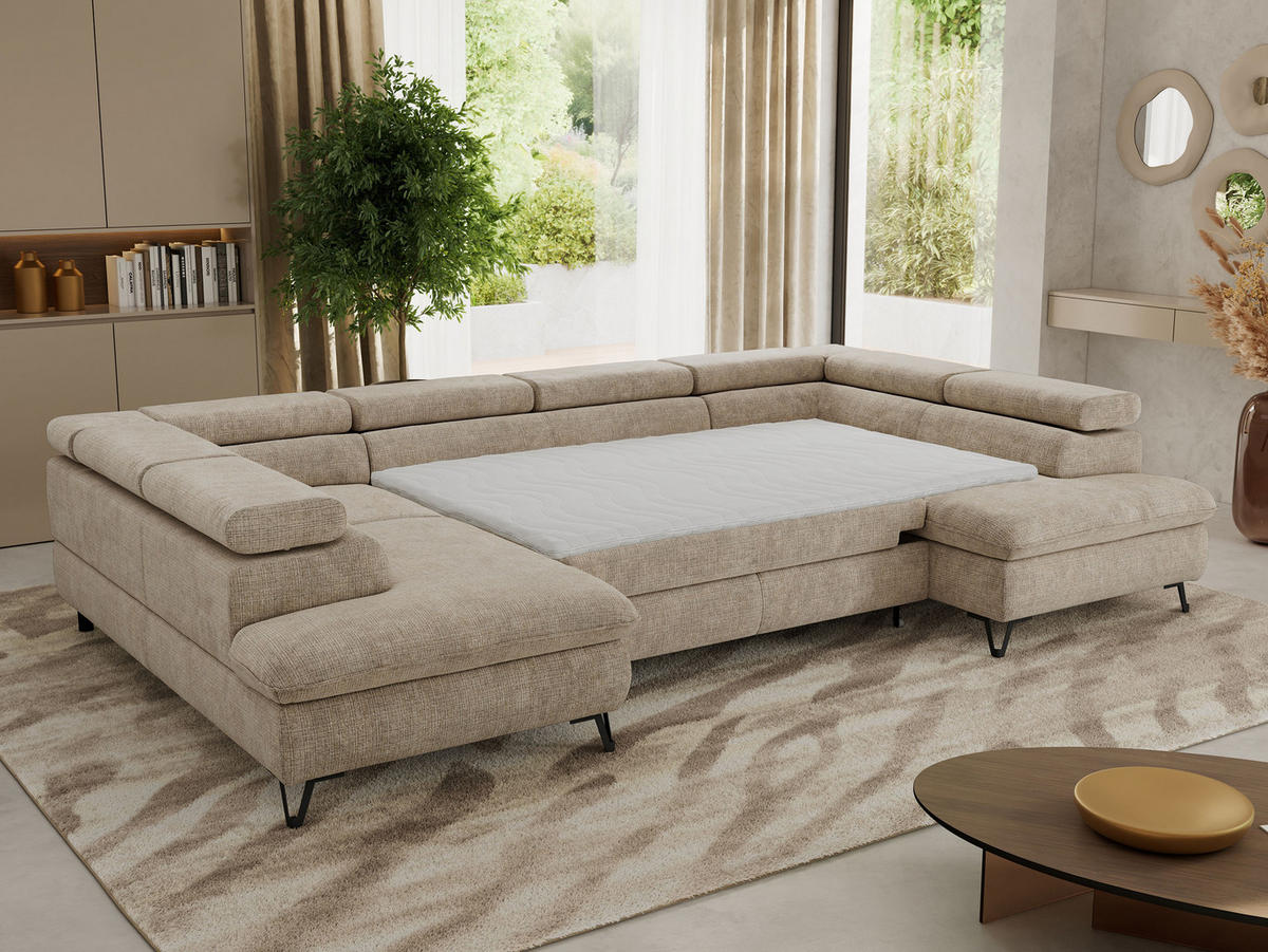 WOHNLANDSCHAFT PABLO U Schenille grob gewebt Beige mit Topper Visco - Beige/Schwarz, Textil/Metall (346/76/208cm) - MKS