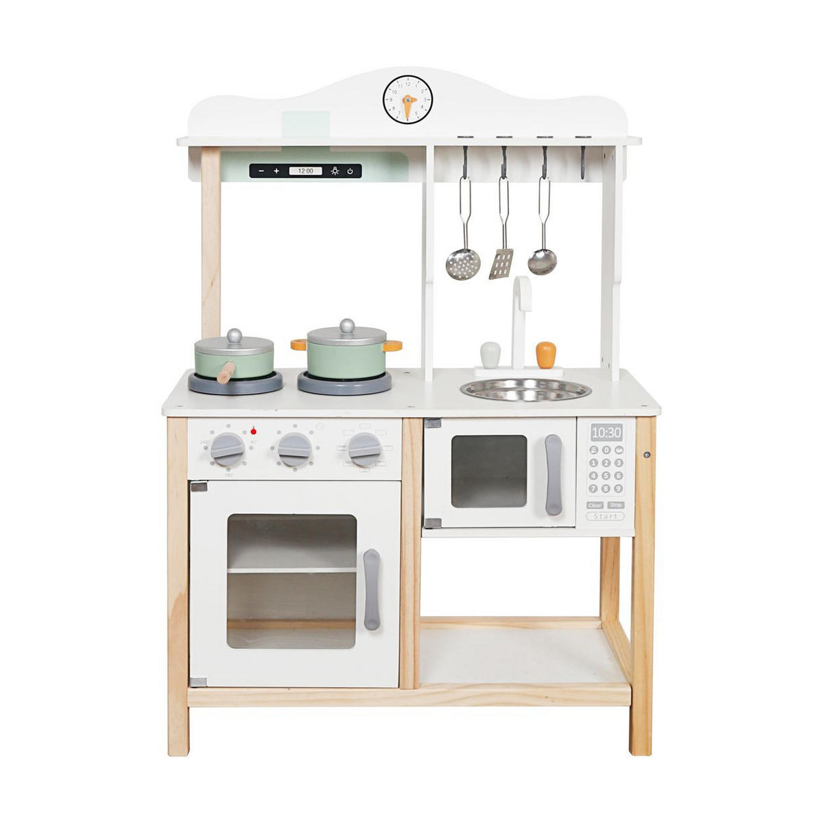 SPIELKÜCHE Nana W10K001 weiß Holz, Topf, Pfanne mit Deckel, Metall-Kochzubehör, Mikrowelle - Weiß, Holz (2930/58/85cm) - Moni