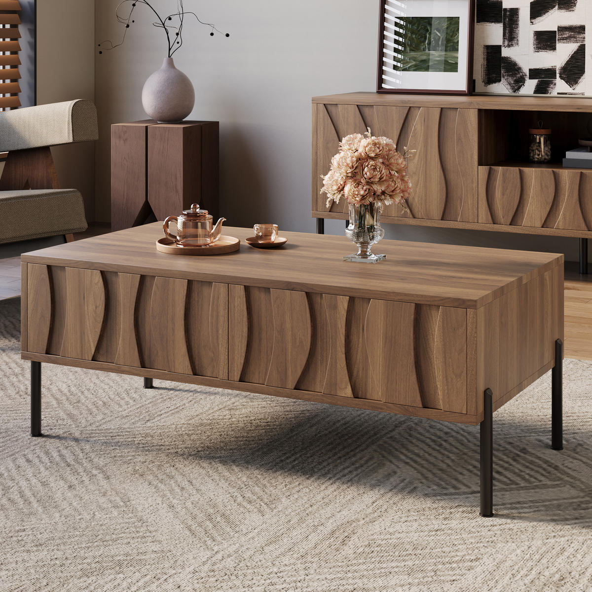 WOHNZIMMER-SET Massivholz Wellen Couchtisch TV modern - Naturfarben, Holzwerkstoff (160/46/35cm) - FLIEKS