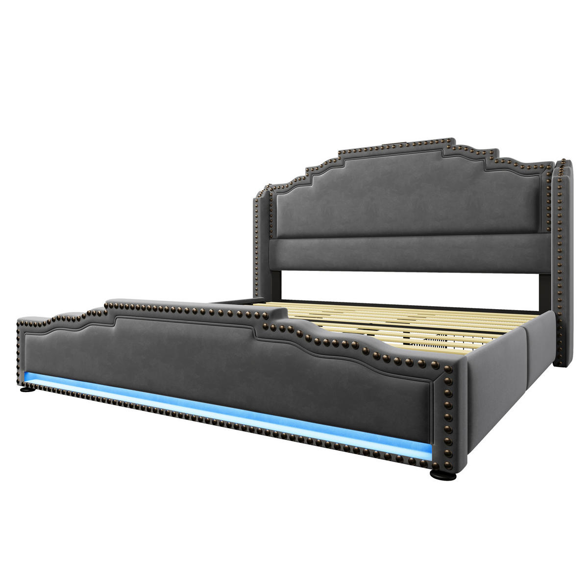 POLSTERBETT 180/200 cm grau aus Samt mit LED, USB-C und 4 Schubladen - Grau, Textil (180/200cm) - OKWISH