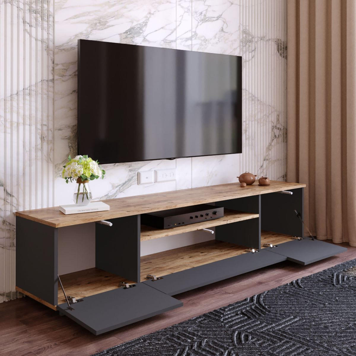 TV-MÖBEL mit 3 Türen - L180 cm - Eiche Artisan/Grau, Holz/Holzwerkstoff (44.5/44.6/180cm) - Calicosy
