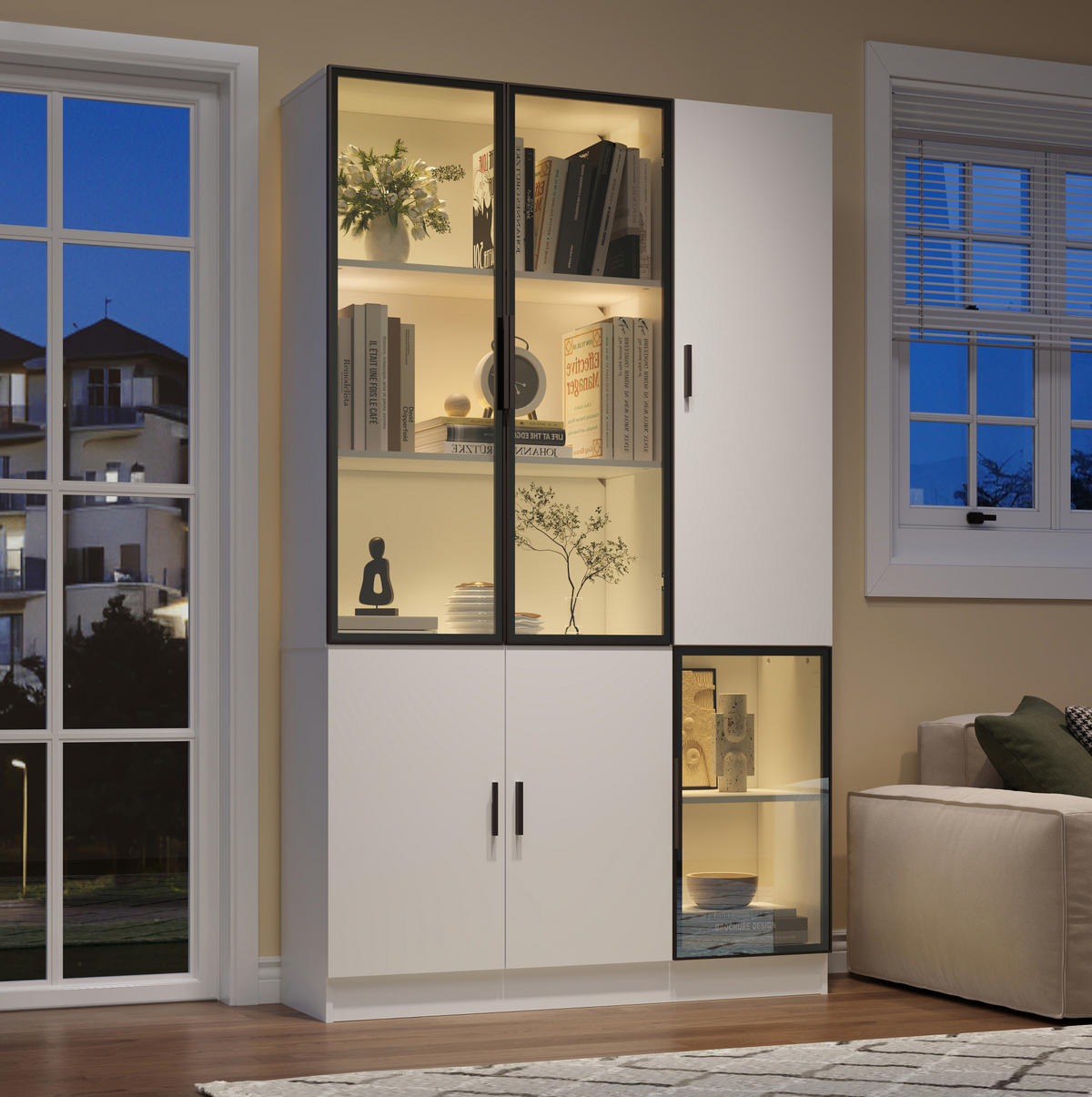 HIGHBOARD mit Glastüren 120/35/200 cm in Weiß mit LED-Beleuchtung - Weiß, Holzwerkstoff (120/200/35cm) - BEAOK