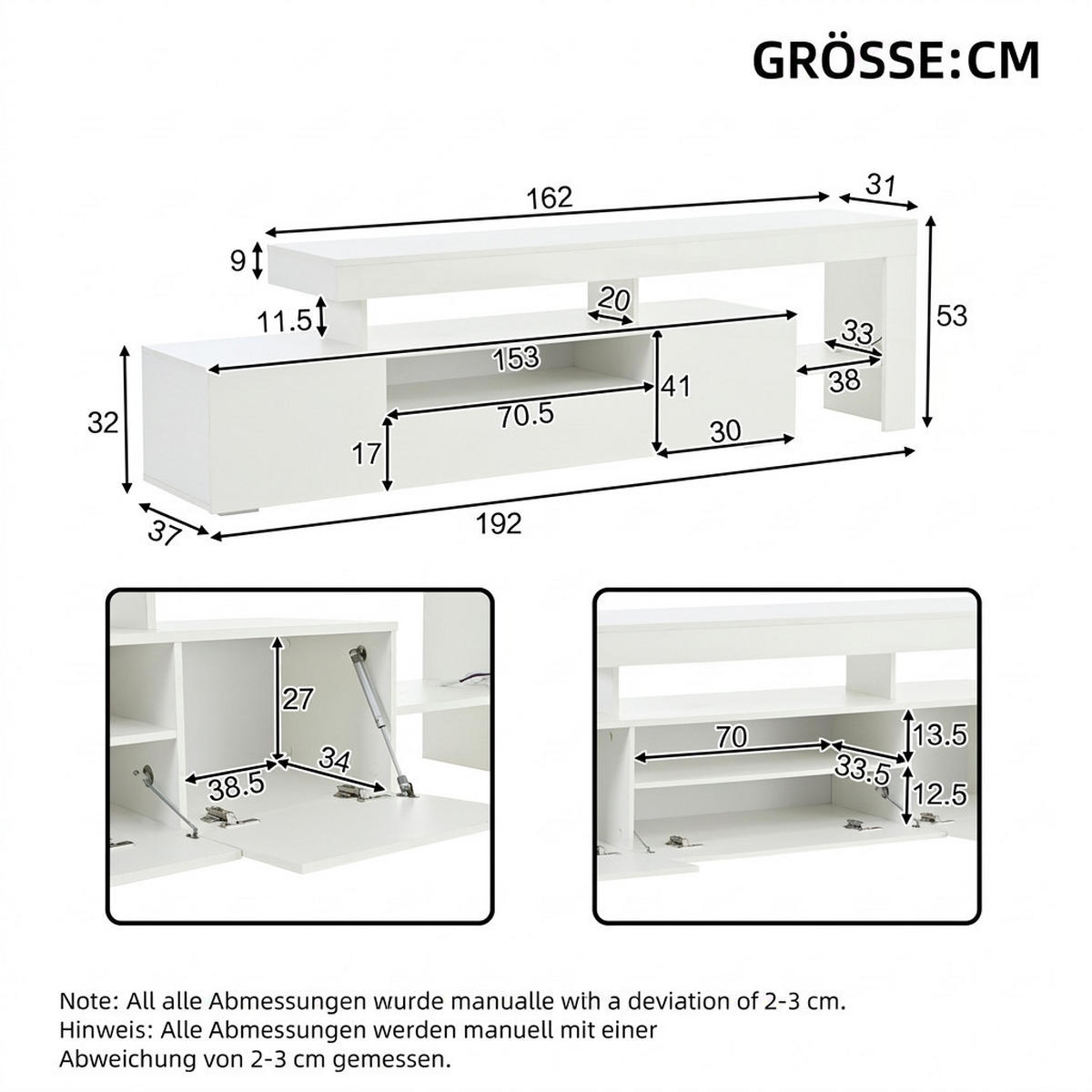 TV-SCHRANK 192/37/53 cm Weiß Hochglanz mit LED und 3 Türen - Weiß, Holzwerkstoff (192/53/37cm) - Oxeza