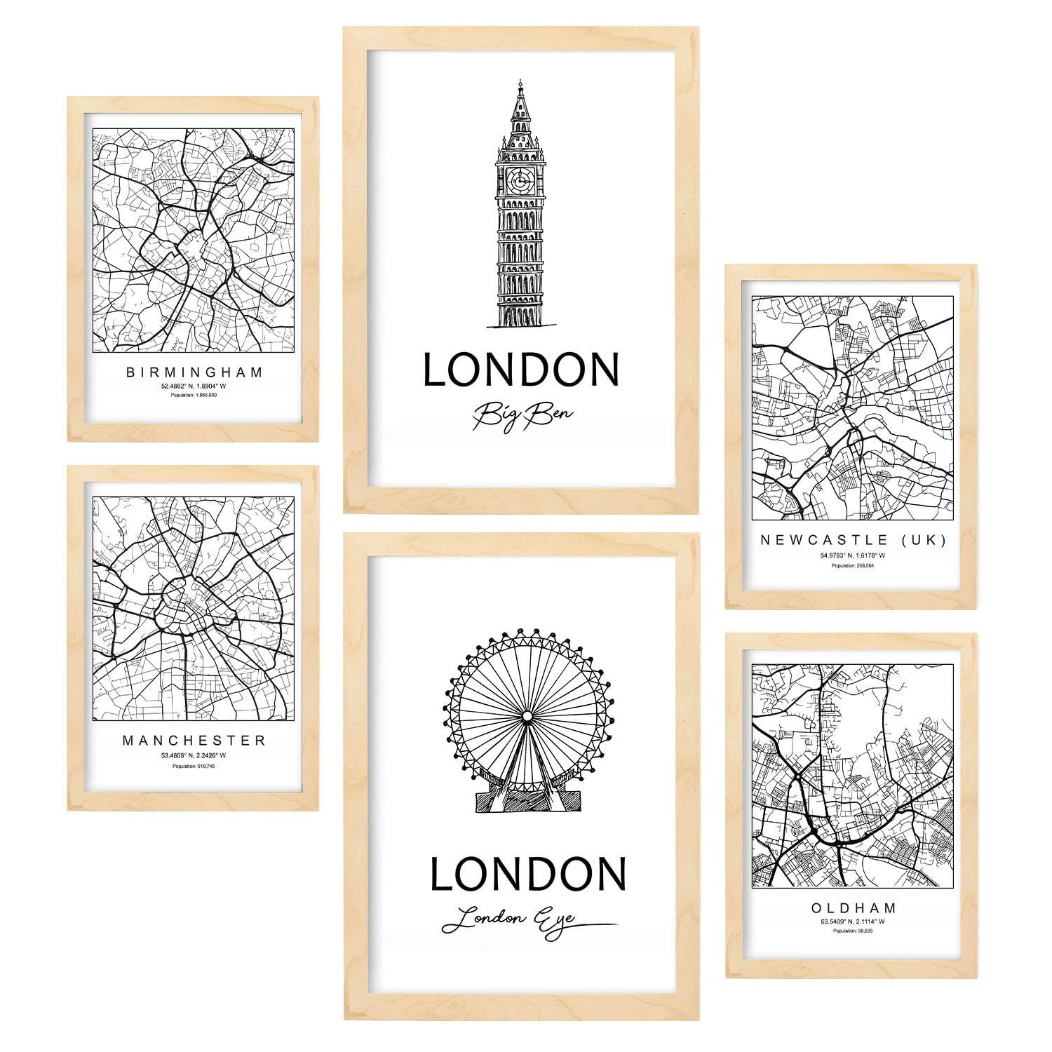 POSTER Set Mit 6 Drucke Von Uk 2 Von Karten In Schwarz Weiß A3 & A4 Rahmen Aus Hellem Holz - Beige, Papier (29/3cm) - Nacnic