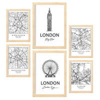 POSTER Set Mit 6 Drucke Von Uk 2 Von Karten In Schwarz Weiß A3 & A4 Rahmen Aus Hellem Holz - Beige, Papier (29/3cm) - Nacnic