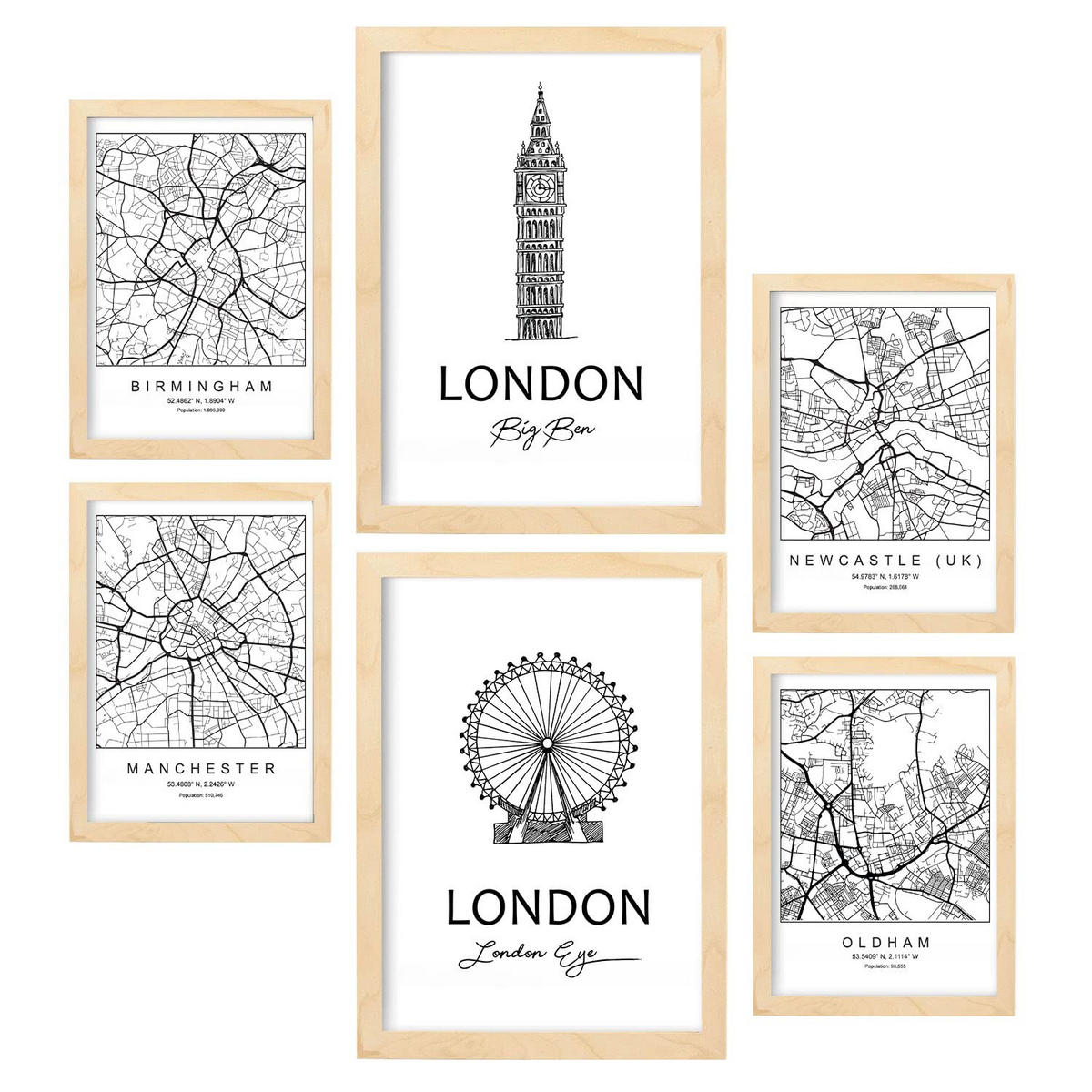 POSTER Set Mit 6 Drucke Von Uk 2 Von Karten In Schwarz Weiß A3 & A4 Rahmen Aus Hellem Holz - Beige, Papier (29/3cm) - Nacnic