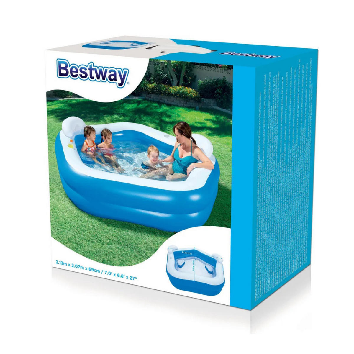 POOL Blau Rechteckig 213 x 206 x 69 cm Familienpool Aufblasbar Mit Kopfstützen - Blau, Kunststoff (206/69/213cm) - Bestway