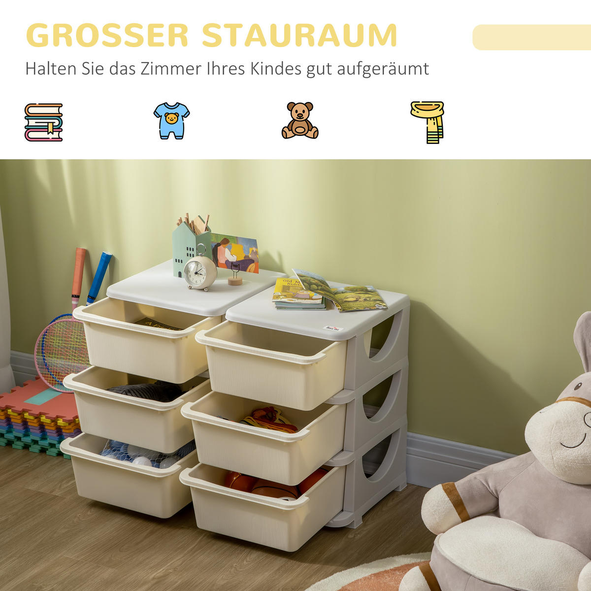 SCHUBLADENSCHRANK, Kunststoff, Cremeweiß/Grau, 75L x 37B x 56,5H cm - Creme/Weiß, Kunststoff (37/56.5/75cm) - HOMCOM