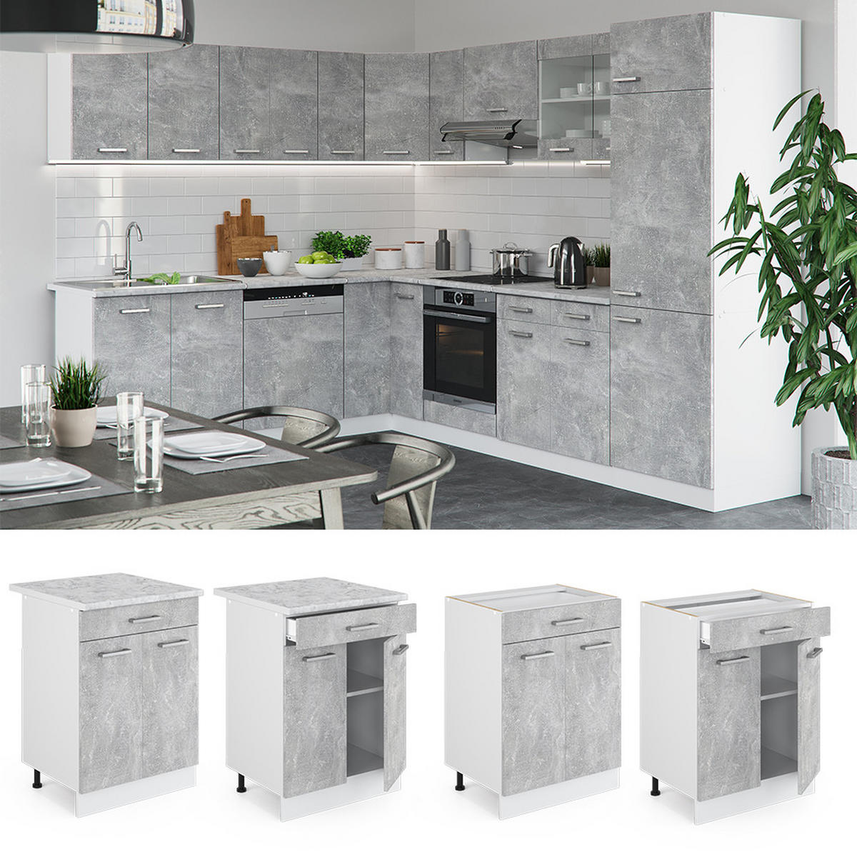 KÜCHENUNTERSCHRANK R-Line Beton 60 cm mit Schublade, AP Eiche - Schieferfarben/Weiß, Holzwerkstoff (60/81.6/60cm) - Vicco