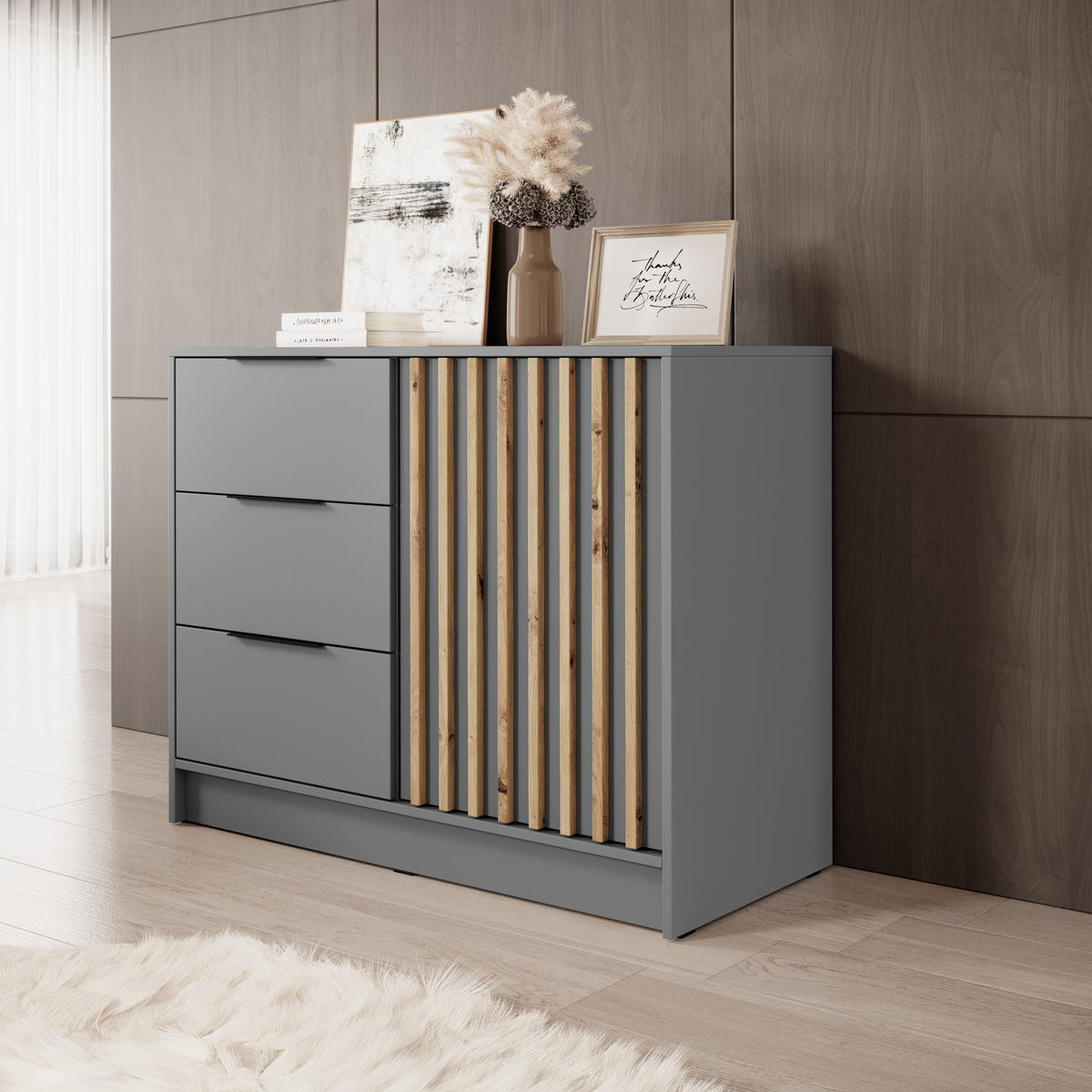 KOMMODE Stilo 105 cm in Grau + Eiche Artisan Lamellen - Schwarz/Eiche Artisan, Holz/Holzwerkstoff (105/86/45cm) - Ravio