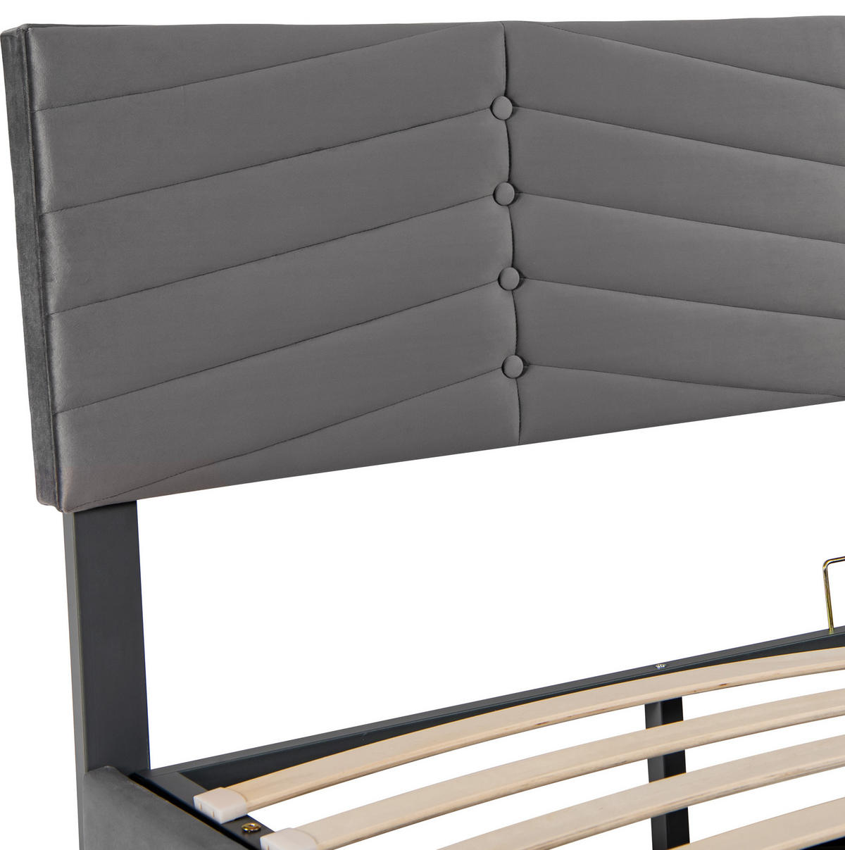 POLNJENA postelja iz žameta 160x200 cm siva z višinsko nastavljivim vzglavjem, hidravličnim predalom in letvicami - siva, tekstil (160/200cm) - Modfu