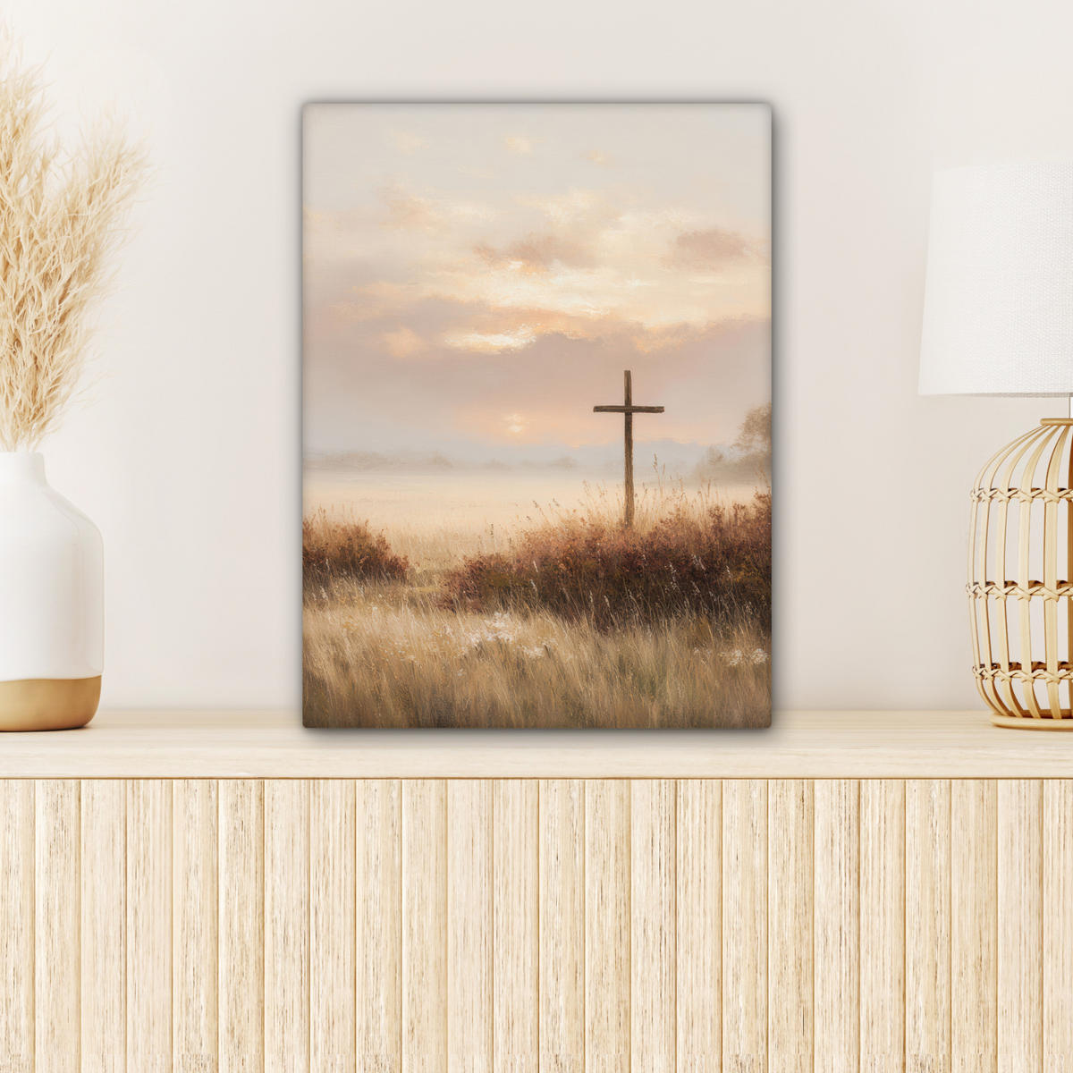 LEINWANDBILD Gras - Morgennebel - Kreuz - Christentum Room Decor 30x40 cm - Beige, Textil (30/40cm) - MuchoWow