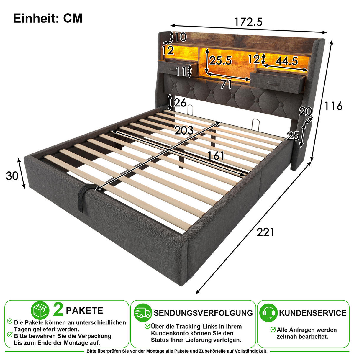 POLSTERBETT 160/200 cm in Grau Leinen mit Bettkasten, LED, USB und Type-C - Grau, Holzwerkstoff/Textil (160/200cm) - CHICFURN