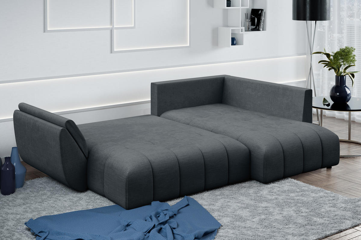 ECKSOFA L Form Kayseri Grau 266/190/86 cm – mit Bettkasten - Schwarz/Grau, Kunststoff/Textil (266/190cm) - AX Living