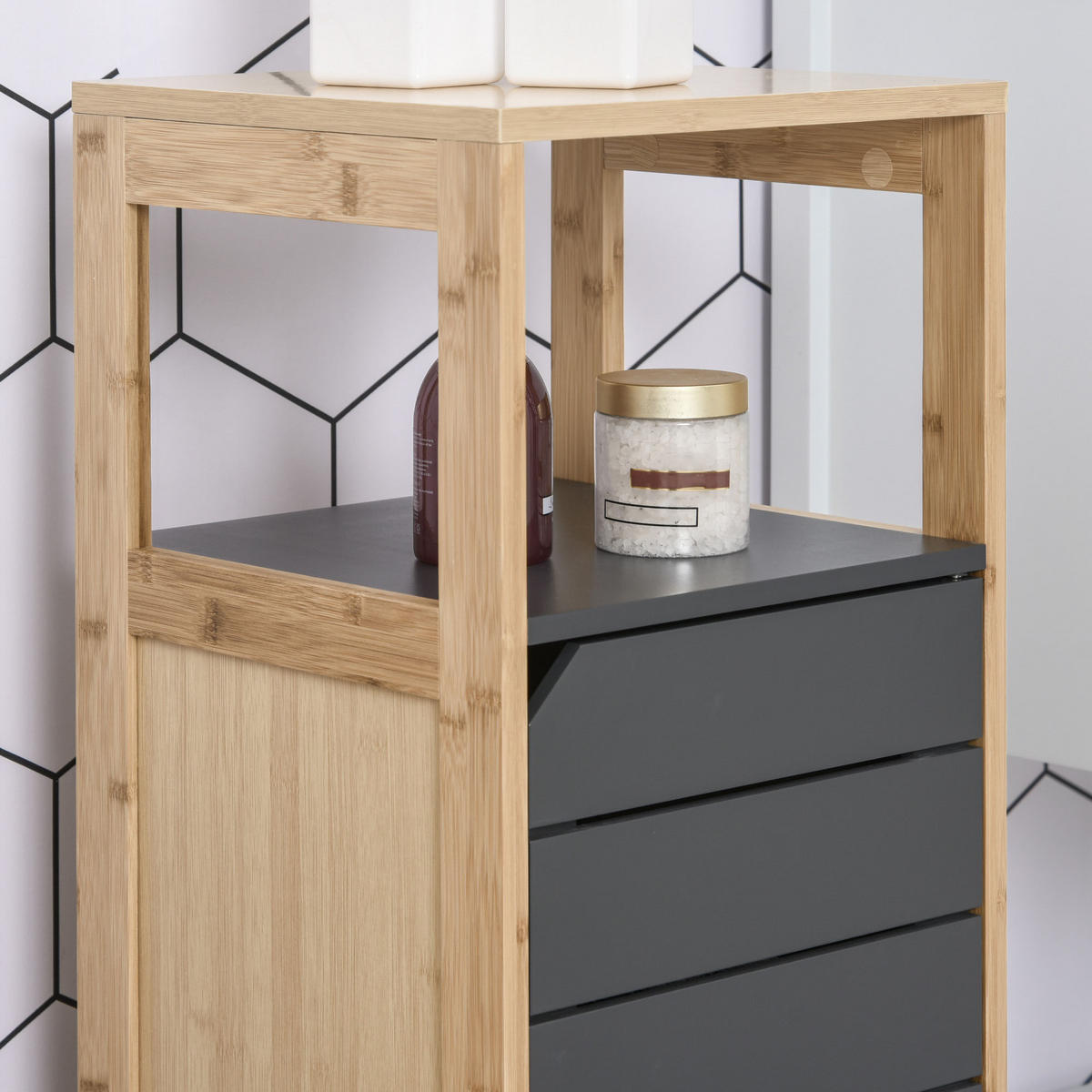 MIDISCHRANK DE-12325 32/30/80 cm mit Tür und Schublade Bambou und Grau - Grau, Holzwerkstoff (30/80/32cm) - ComfortXL