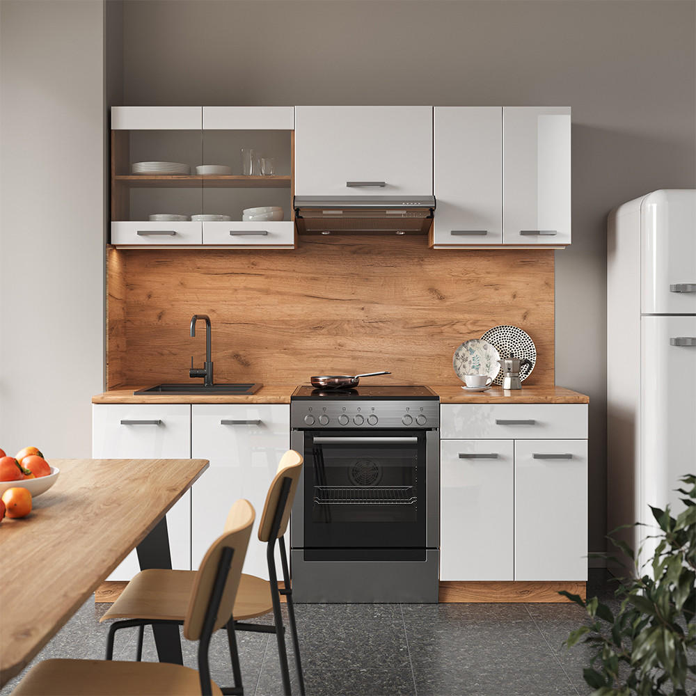 KÜCHE R-Line Weiß Hochglanz/Goldkraft Eiche 200 cm ohne AP - Honigeiche/Weiß Hochglanz, Holzwerkstoff (200/81.6/46cm) - Vicco