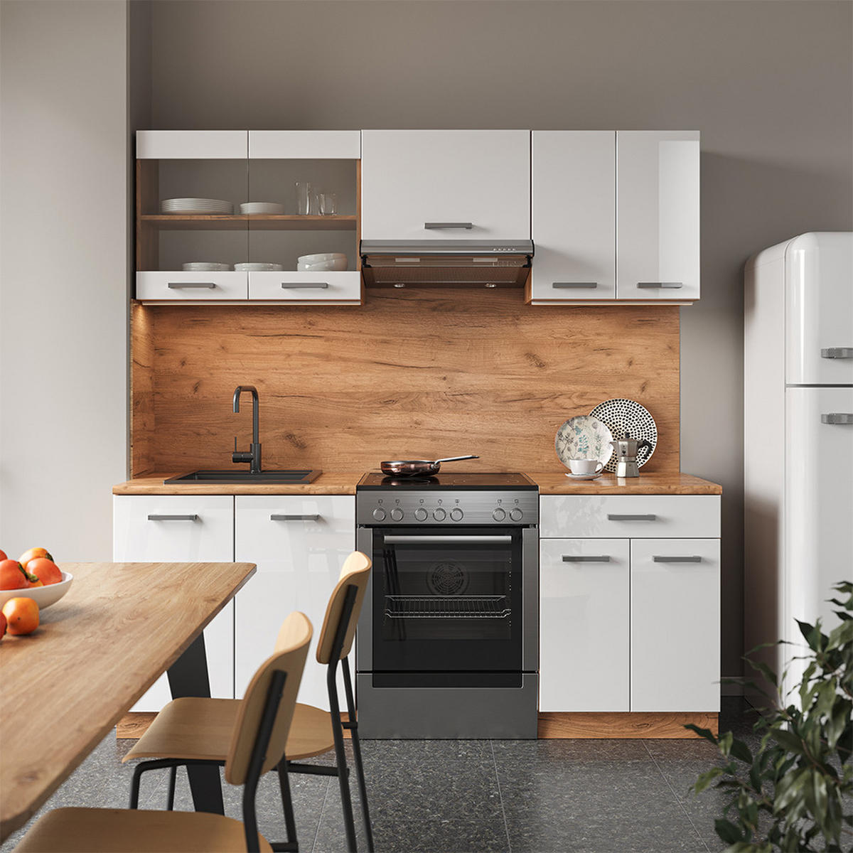KÜCHENZEILE R-Line Weiß Hochglanz/Goldkraft Eiche 200 cm, AP Marmor - Weiß Hochglanz/Eiche Wotan, Holzwerkstoff (200/81.6/60cm) - Vicco