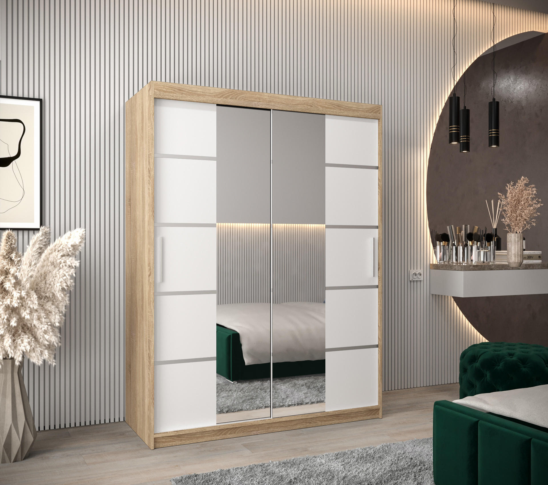 SCHWEBETÜRENSCHRANK 200/150/62 2-türig - Silberfarben/Weiß, Holz/Kunststoff (150/200/62cm) - Abiks Möbel