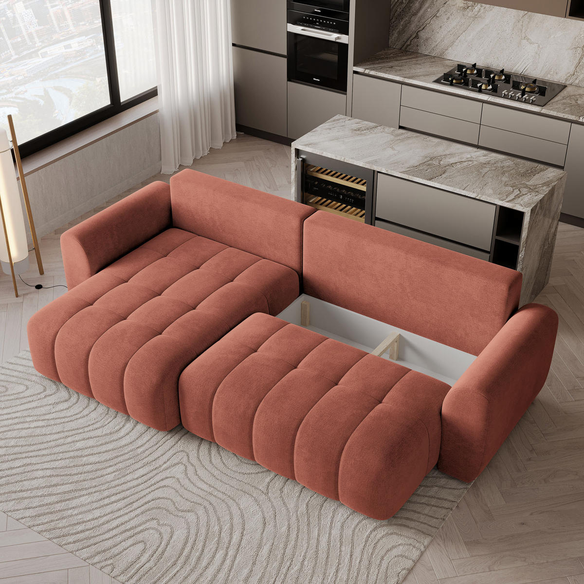 ECKSOFA MODARO CL Koralle Samtstoff mit Schlaffunktion - Koralle, Holzwerkstoff/Textil (285/148cm) - MASSENO